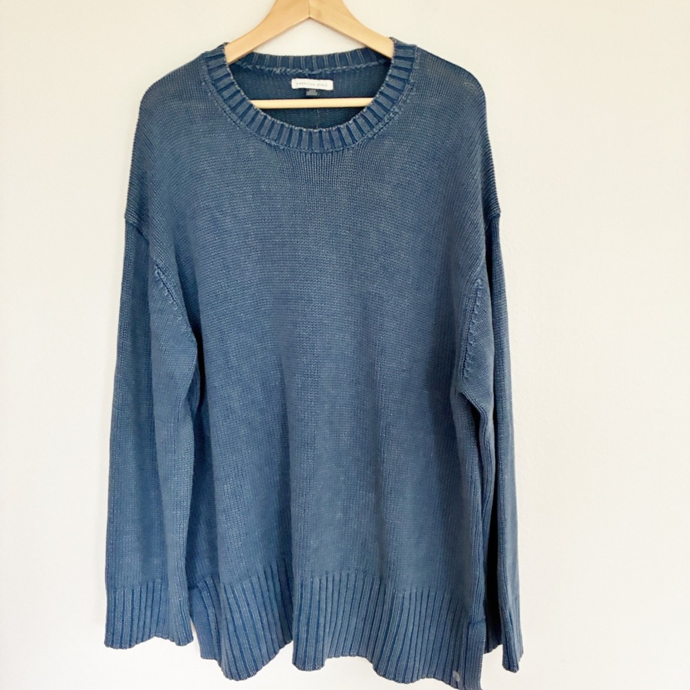 American Eagle Oversize Sweater Womens L Blue Cotton Blend Knit Pullover NWOT